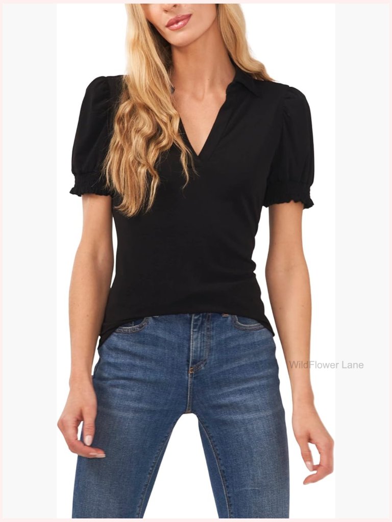 Short Sleeve Split Neck Collared Knit Top Blouse V-Neck